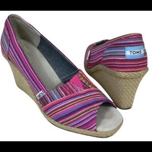 TOMS Pink Multi Color Stripe Canvas Wedges